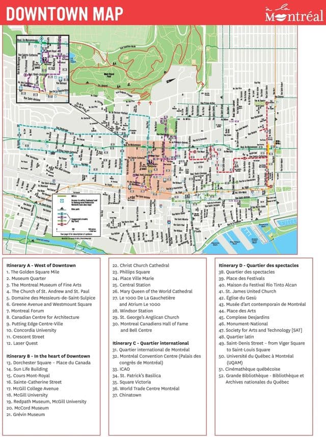 Mapa dos passeios a pé em Montreal